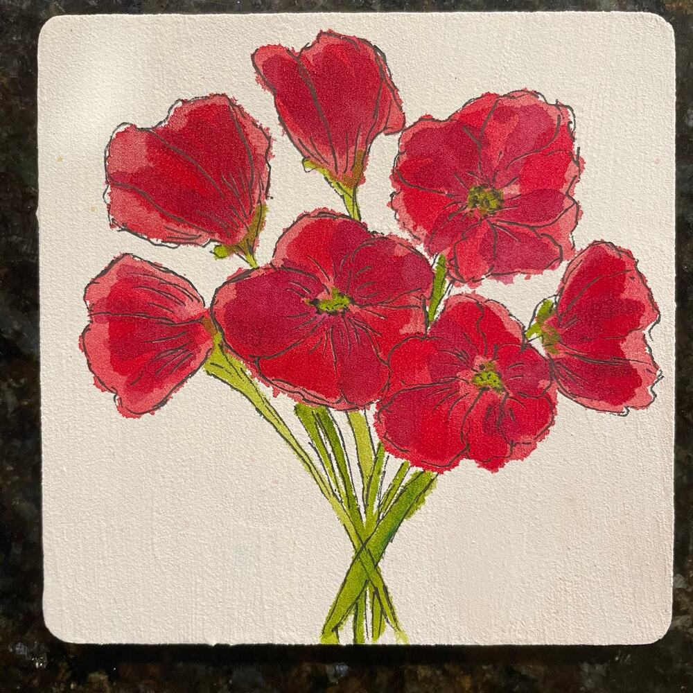 Hand painted watercolor original painting wooden coaster poppies flowers